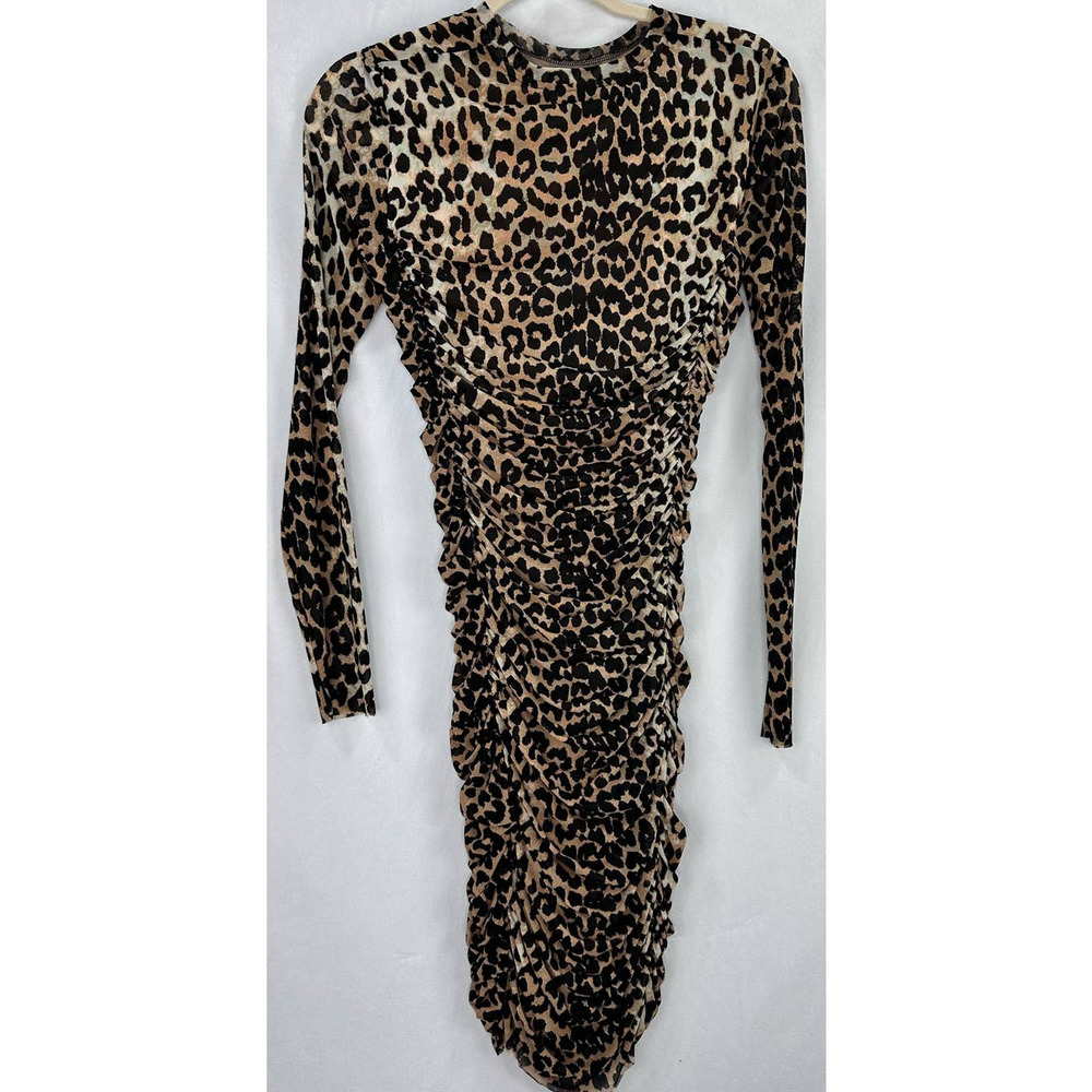 GANNI Midi Dress Ruched Leopard Print Stretch Mesh Long Sleeve size 36 / US 4 - Picture 7 of 8